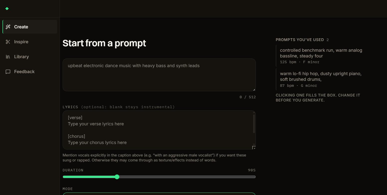 BeatMind's real dark Create screen with prompt, lyrics, duration, and mode controls