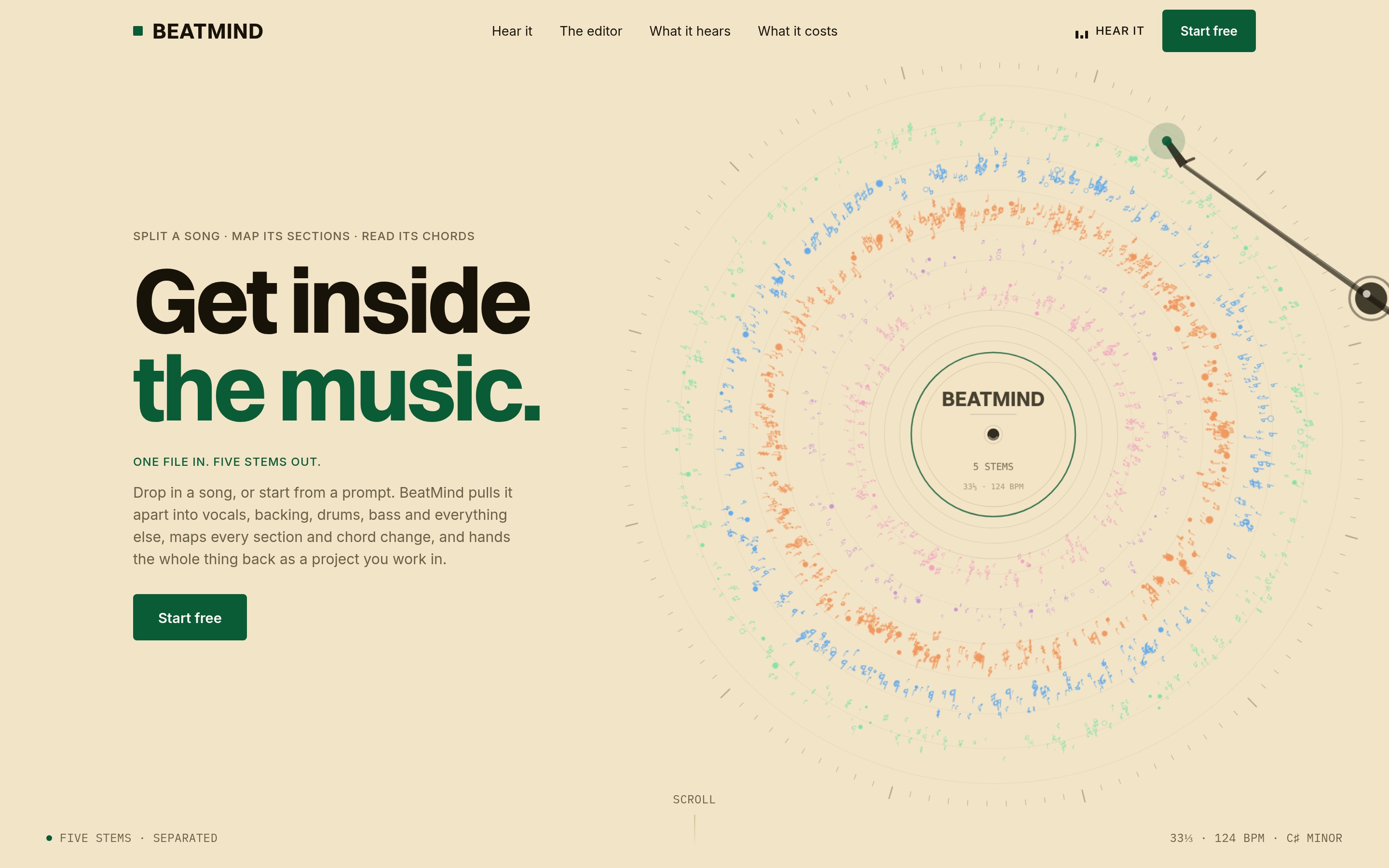 BeatMind's real public product page showing a five-stem record visualization