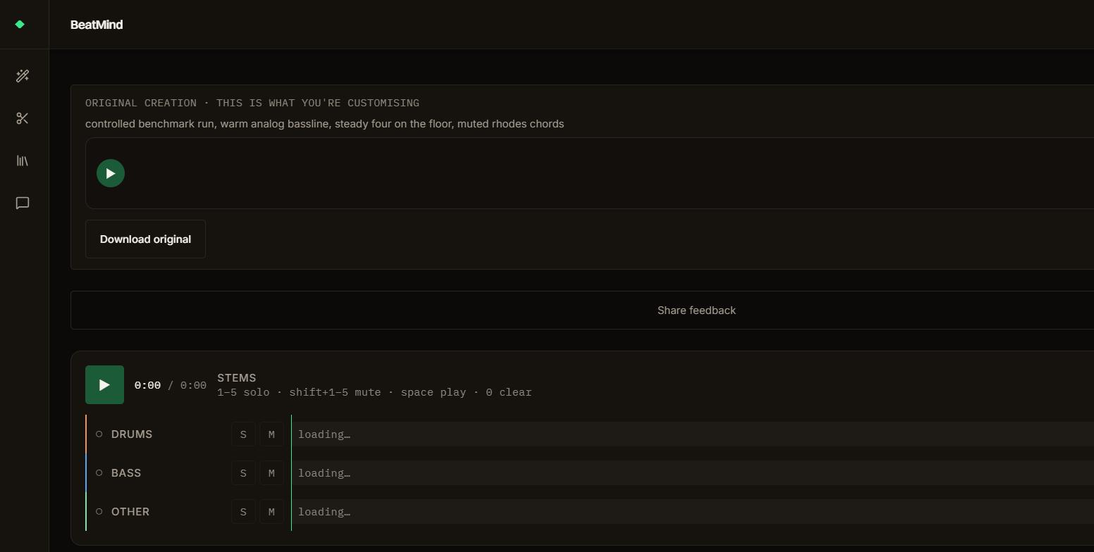 BeatMind's real editor showing separated coloured stem lanes and musical controls