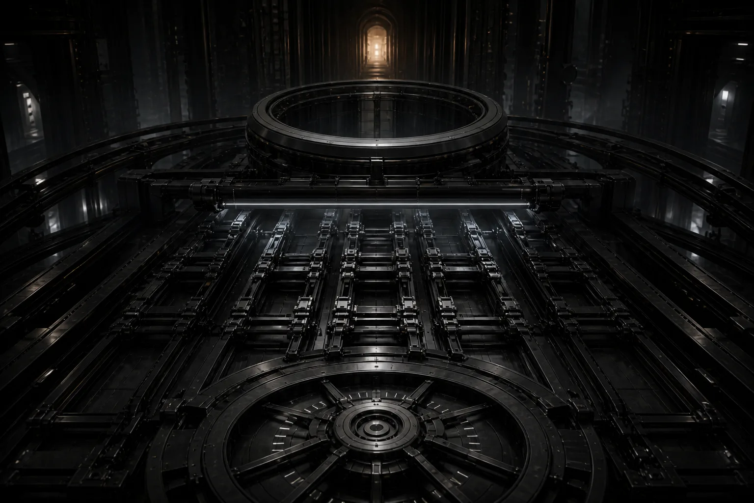 Dark precision sound foundry with an empty specimen chamber, five processing rails, and a circular render press.