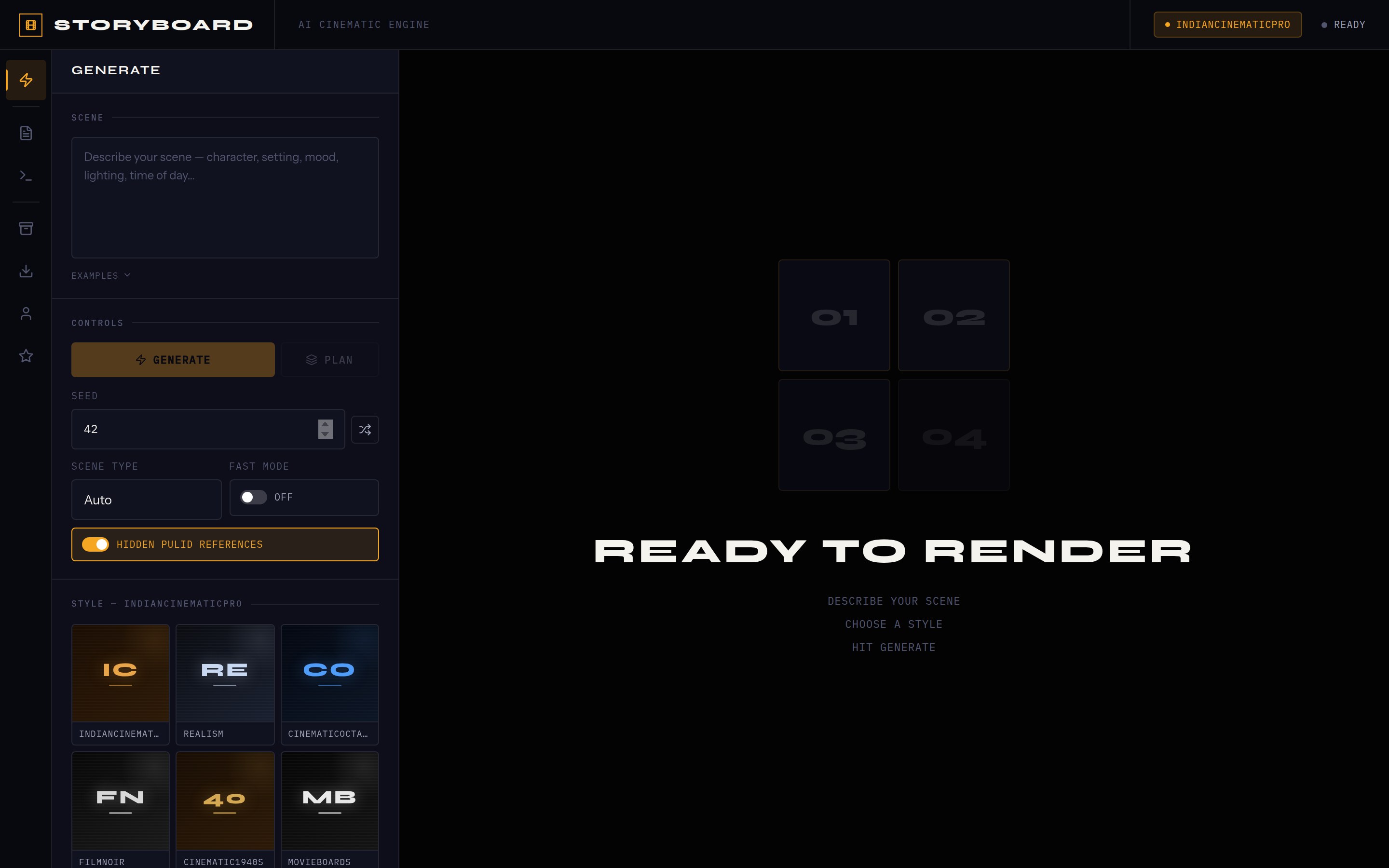 The real Vivid generation interface with scene, seed, style, planning, and render controls