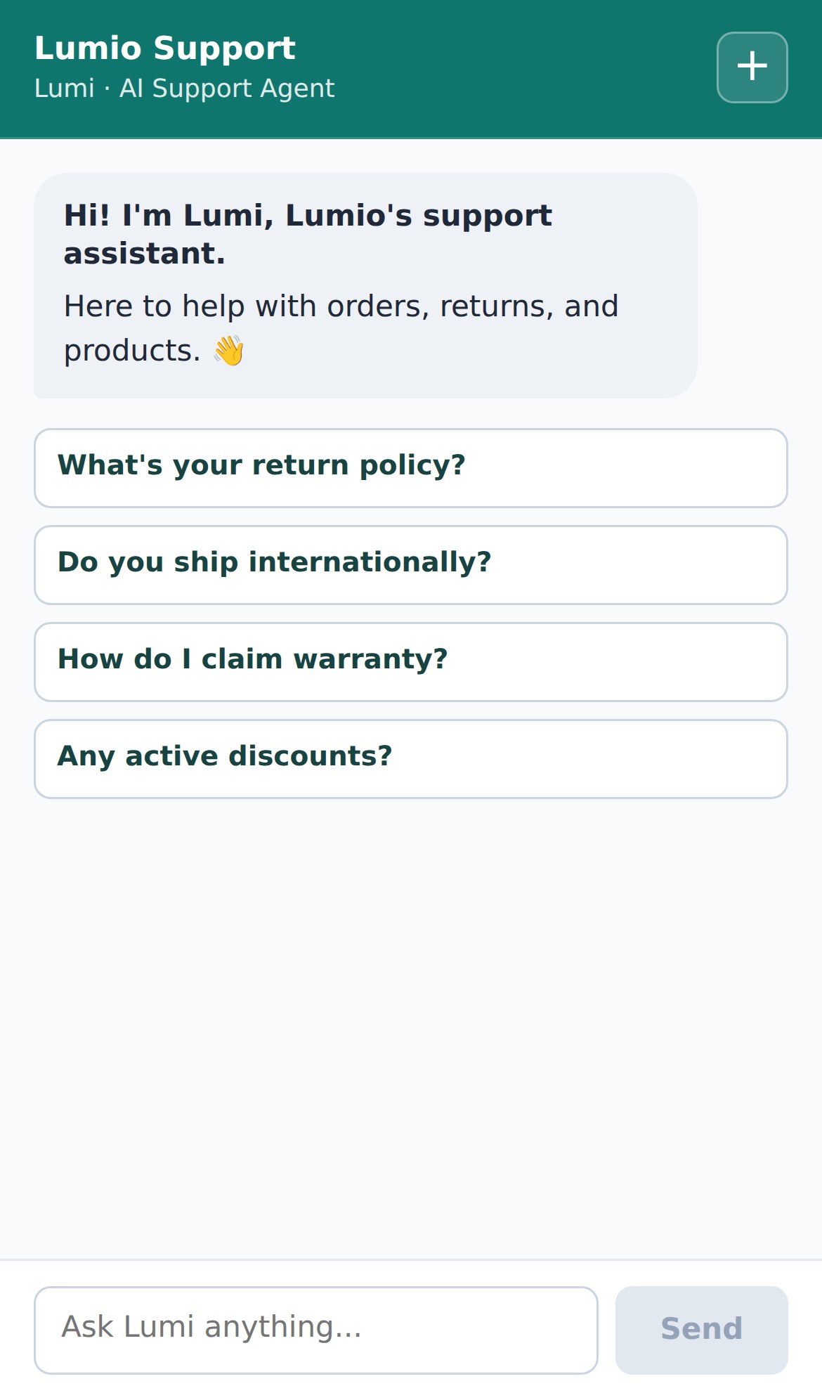 The real Spur Chat mobile interface showing the fictional Lumio support assistant