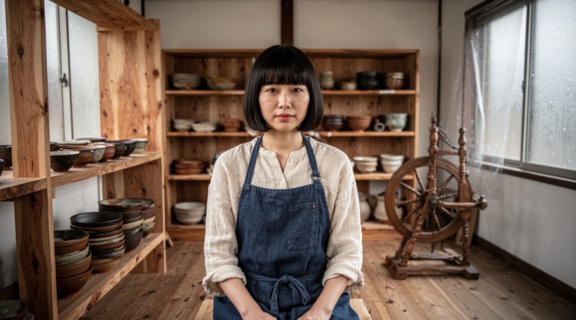Real Vivid evaluation frame showing a ceramic artist seated in a wooden Kyoto workshop.