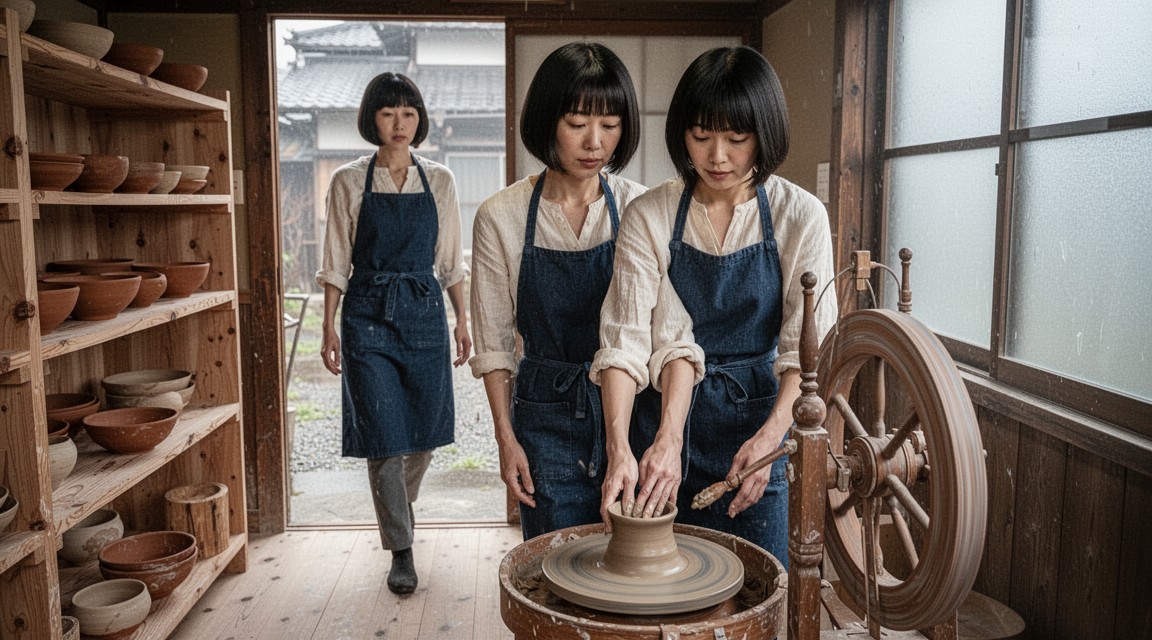 Real Vivid evaluation frame showing the same ceramic artist working at a pottery wheel in the Kyoto workshop.