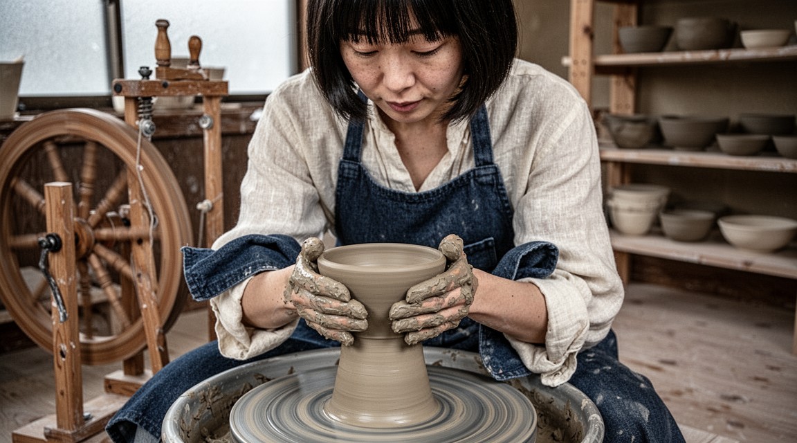 Real Vivid evaluation frame showing the ceramic artist examining a blue bowl in the Kyoto workshop.