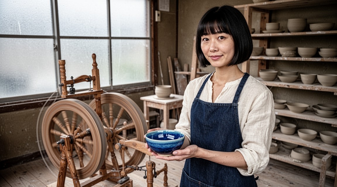 Real Vivid evaluation frame showing the ceramic artist holding a blue bowl in her workshop.